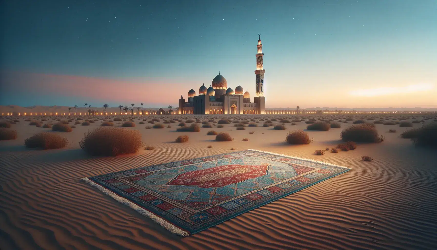 Tappeto da preghiera con motivi geometrici su terreno sabbioso, moschea con minareto e mezzaluna dorata sullo sfondo al tramonto, cielo stellato e palme.