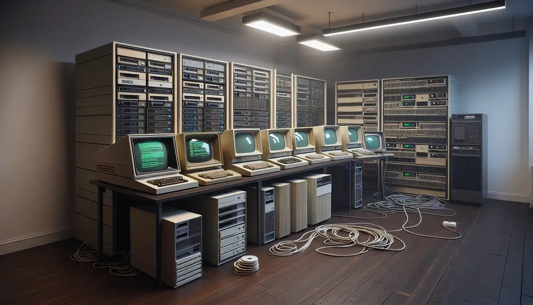 Collezione di computer vintage su tavoli in legno, con monitor CRT, tastiere beige, cavi grigi e unità mainframe, in ambiente illuminato.