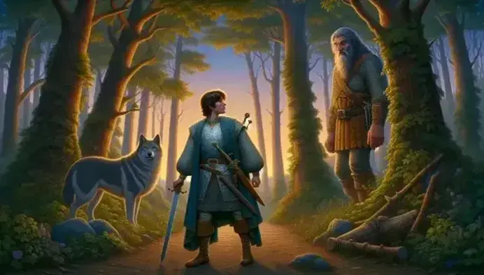 Principe medievale con spada e lupo fedele incontra gigante curioso in foresta al tramonto, castello sullo sfondo.