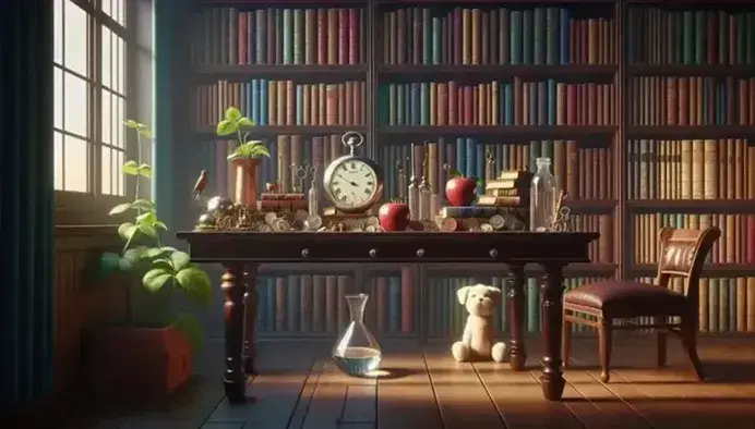 Biblioteca con tavolo in legno, mela rossa, orologio tascabile, chiavi antiche, peluche cane, vaso con monete, pianta e sedia con cuscino blu.