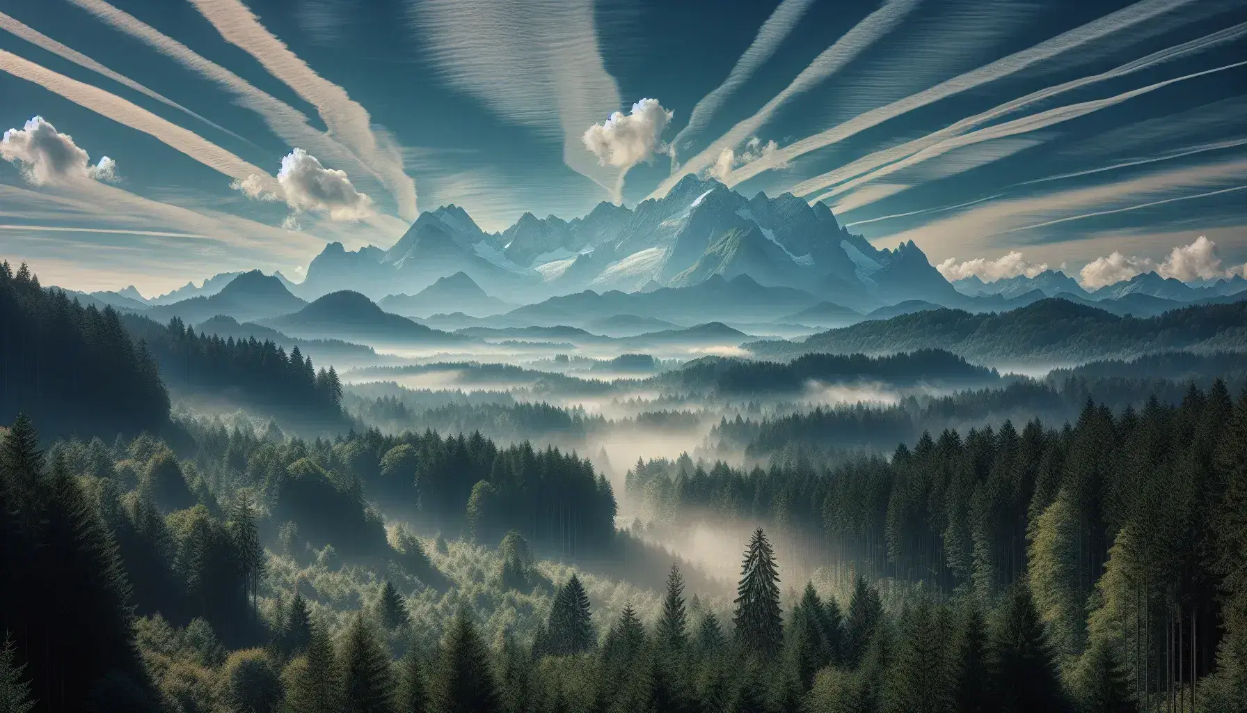 Paesaggio naturale con catena montuosa innevata in lontananza, foresta lussureggiante in primo piano e cielo azzurro con nuvole sottili.