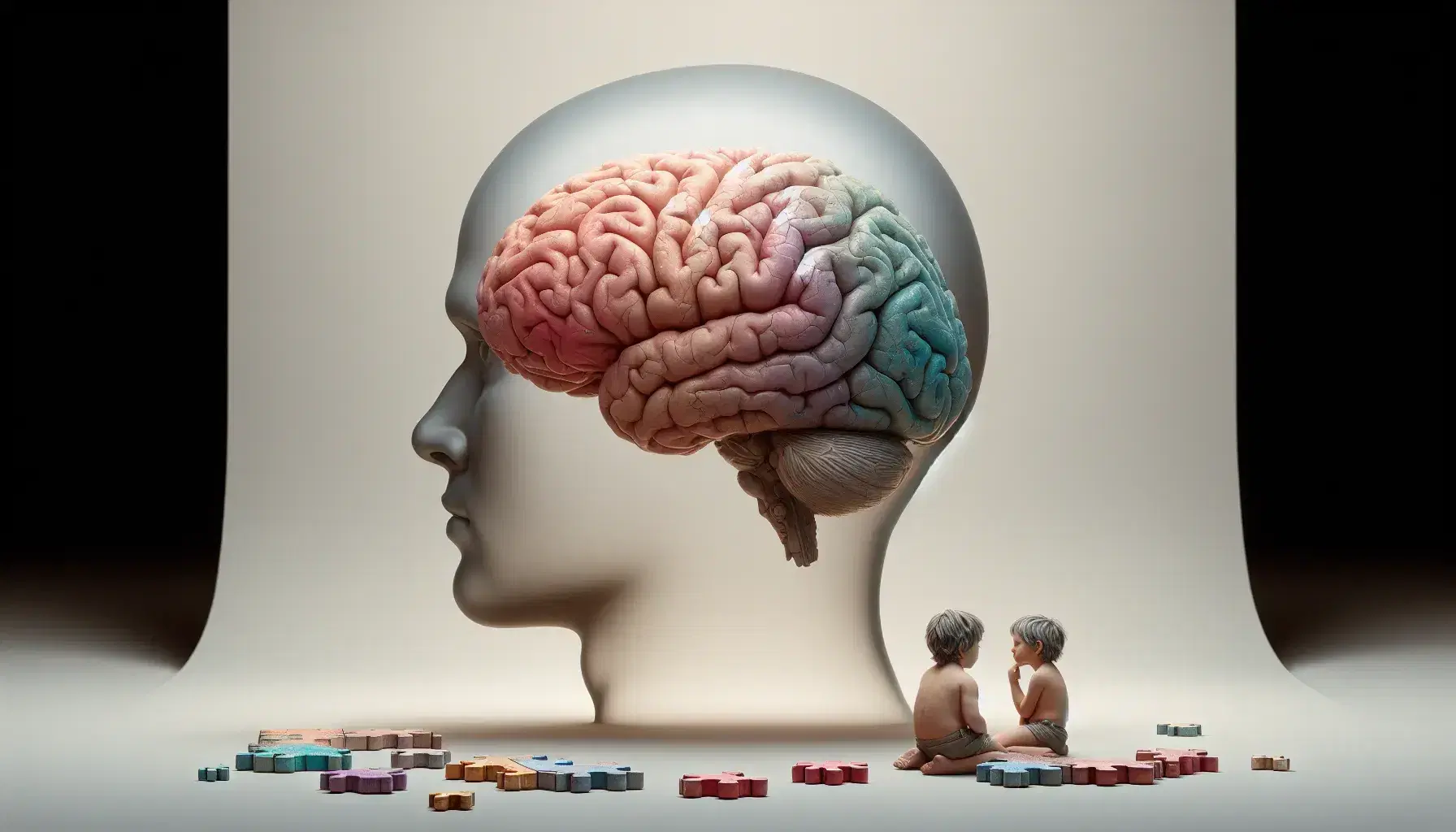 Cervello umano dettagliato al centro, figura adulta e bambino interagiscono a sinistra, puzzle colorato parzialmente assemblato a destra.