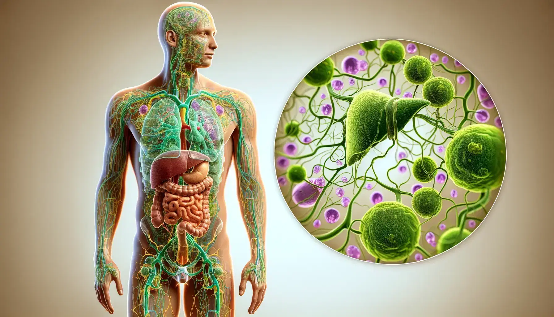 Sistema linfatico umano dettagliato con vasi e nodi in verde evidenziato in corpo trasparente, fegato e milza visibili.
