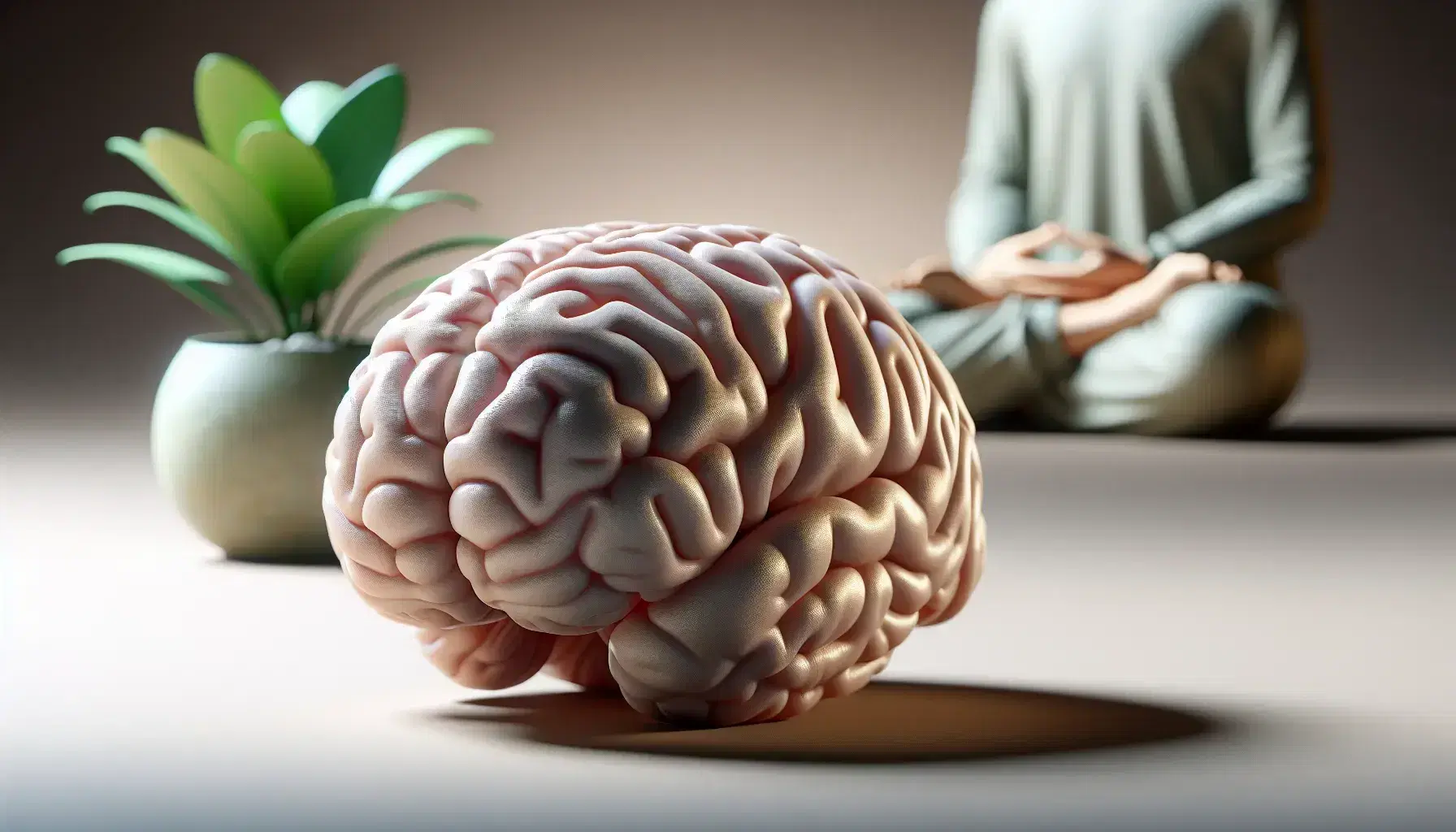 Cerebro humano tridimensional detallado sobre superficie neutra con figura en meditación y planta verde al fondo, evocando tranquilidad y concentración.