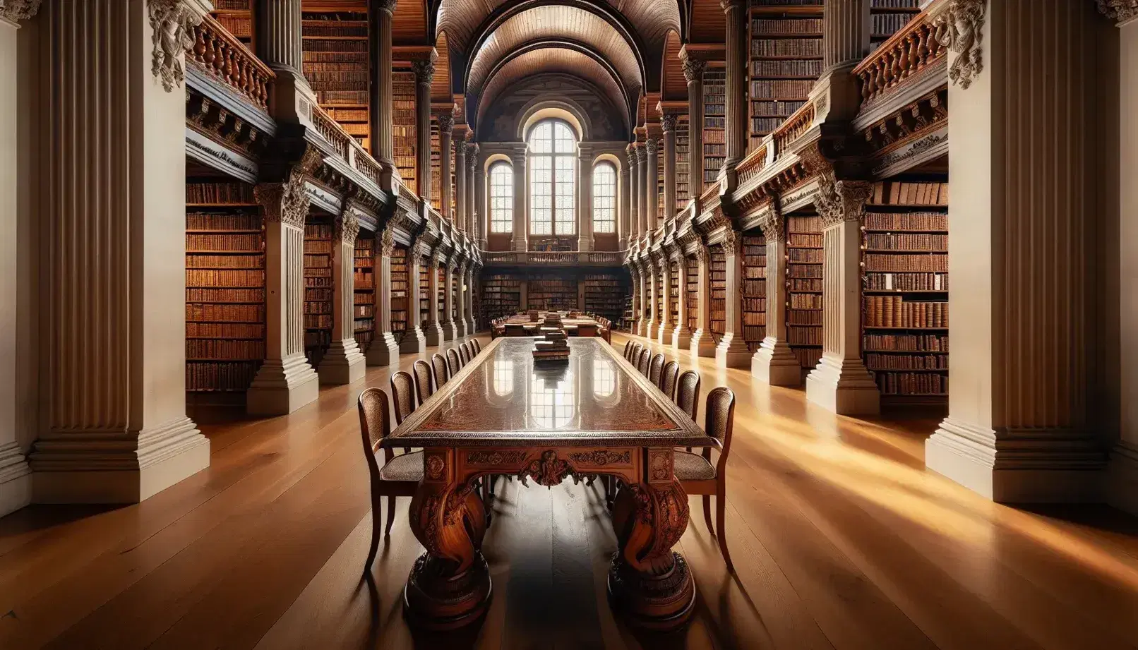 Interior of Bibliothèque Mazarine in Paris, showcasing symmetrical architecture, ornate wooden furniture, and extensive book collections under soft lighting.