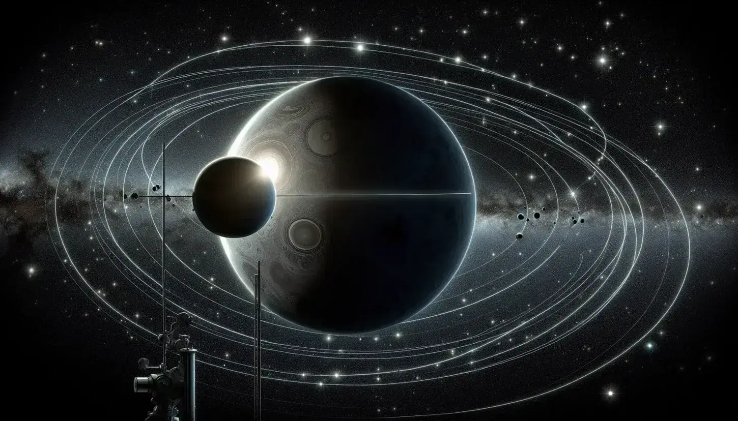 Pianeta con satellite in orbita sotto un cielo stellato osservato da un telescopio astronomico, rappresentazione delle orbite ellittiche.