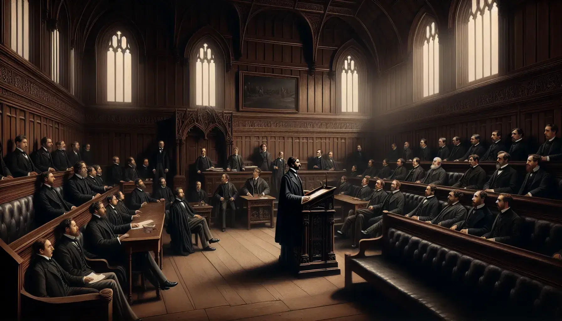 Gruppo di uomini in abiti vittoriani ascolta oratore al leggio in aula parlamentare storica con sedie intagliate, pareti in legno e finestre ad arco.