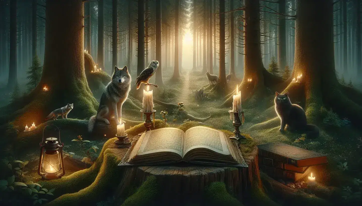 Libro antico illuminato da candele in una foresta incantata al crepuscolo, con gufo, lupo grigio e gatto nero, capanna sullo sfondo.