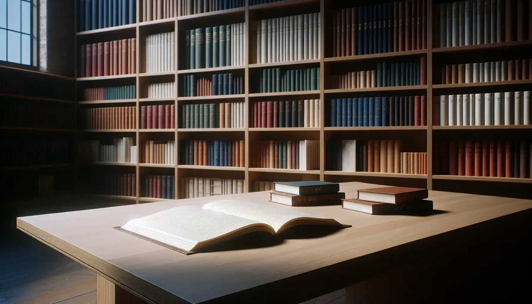 Mesa de madera con dos libros abiertos en una biblioteca iluminada naturalmente, estantería al fondo con libros de colores variados y planta verde a la derecha.