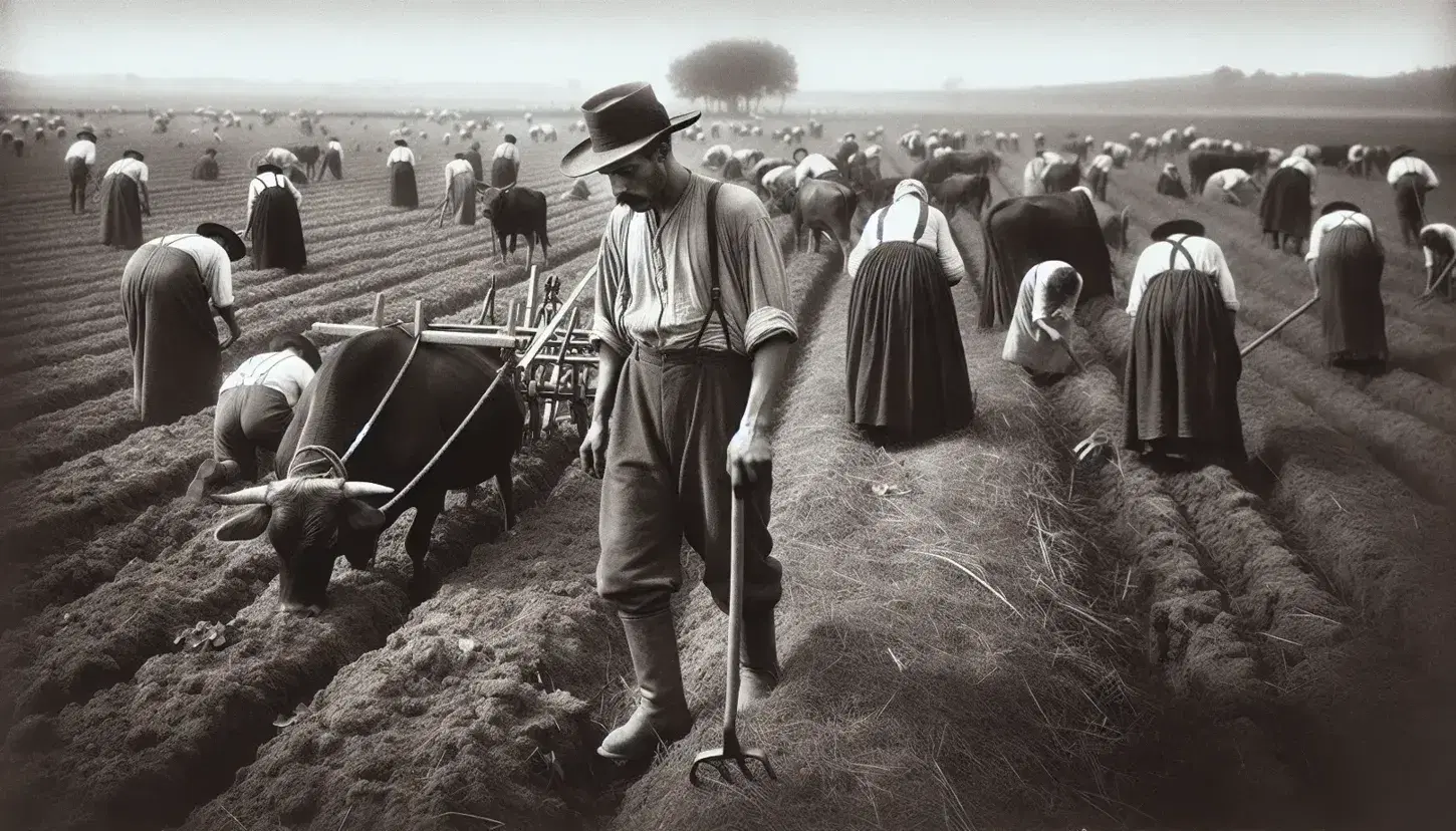 Contadini italiani del XIX secolo lavorano in campo agricolo con aratro e bovino, vestiti in abiti tipici e cappelli di paglia.