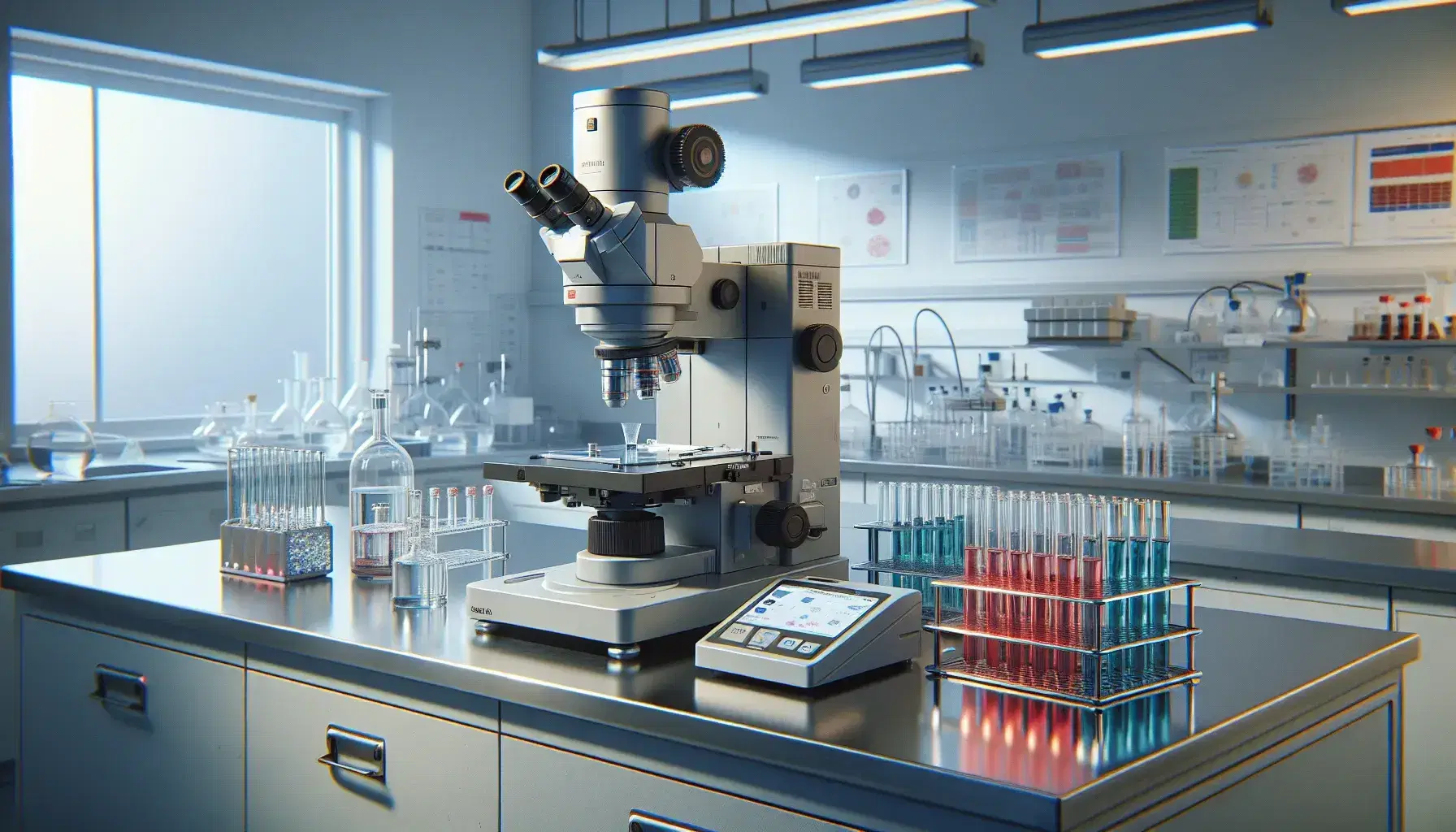 Laboratorio di ricerca biologica con microscopio elettronico al centro, provette colorate a destra e bilancia analitica digitale a sinistra.