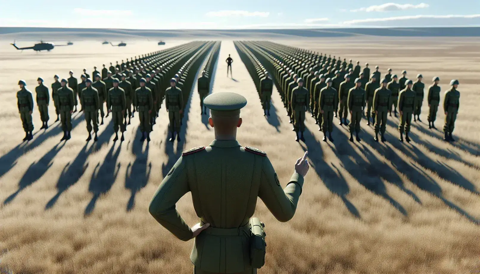 Soldados en uniforme militar verde oliva formados en campo abierto con un oficial al frente dando instrucciones, bajo un cielo despejado.