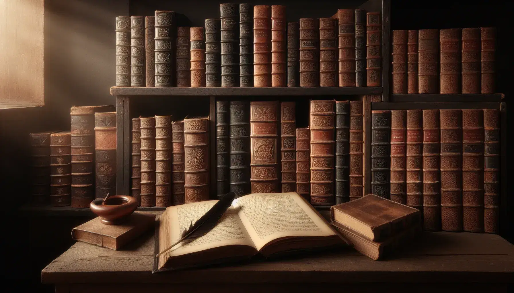 Estante de madera oscura con libros antiguos de lomo de cuero y un libro abierto en el centro, acompañado de una pluma y tintero en primer plano, en un ambiente cálido y antiguo.