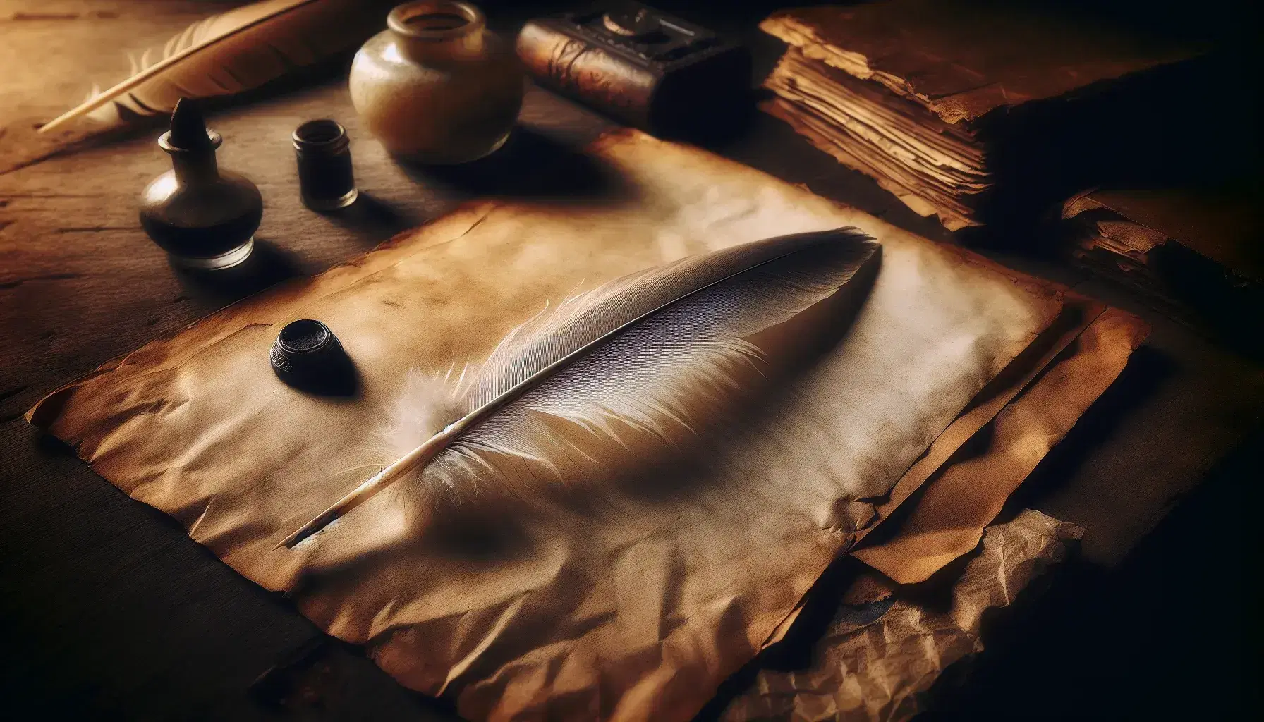 Piuma d'oca invecchiata su carta ingiallita e leggermente accartocciata, posata su superficie in legno scuro con sfondo storico sfocato.