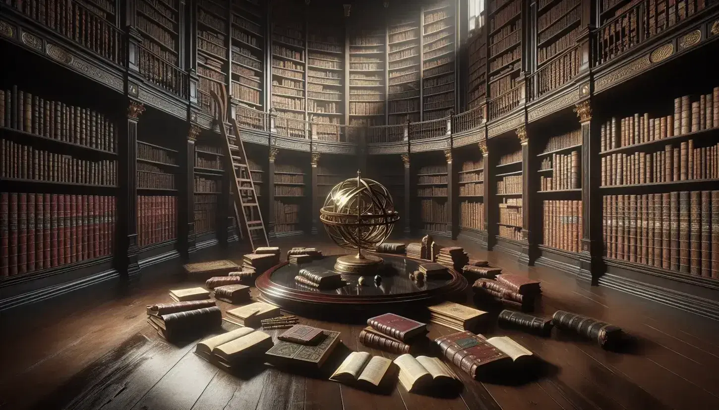 Biblioteca antica con scaffali in legno scuro pieni di libri rilegati, scala a pioli, tavolo ovale con sfera armillare e statua marmorea.