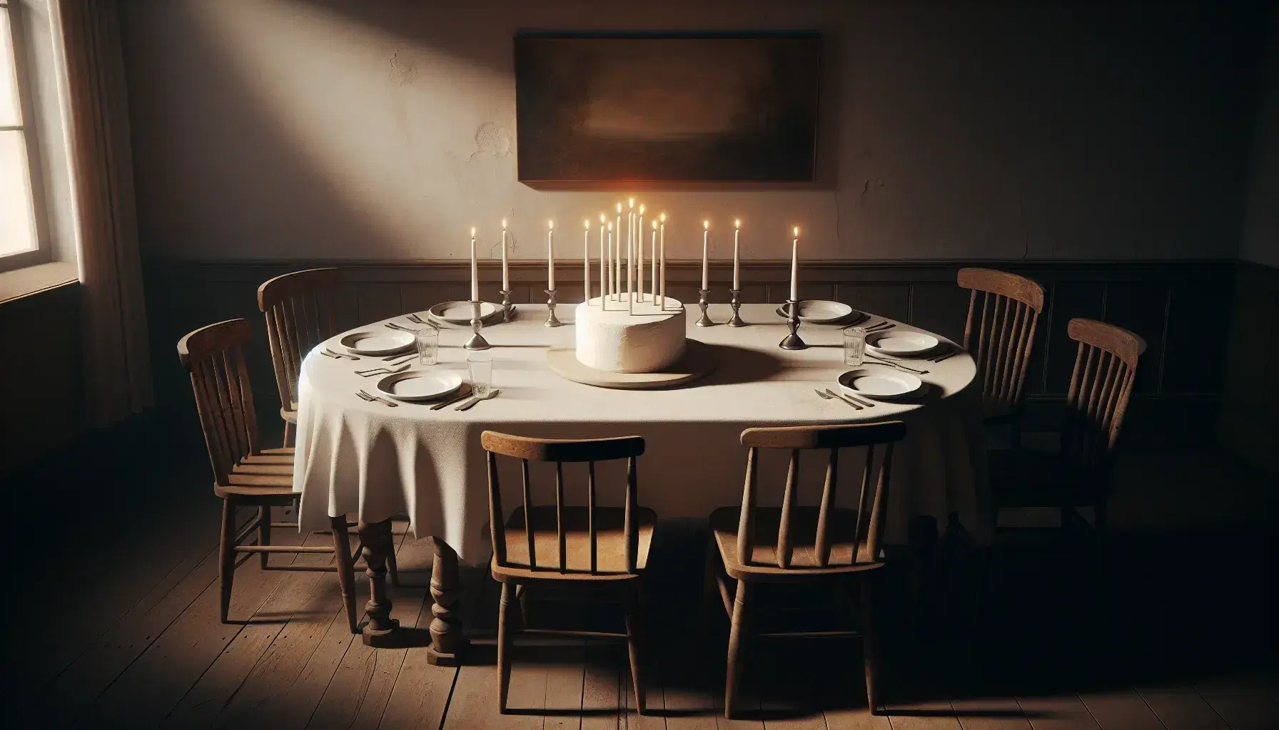 Vintage-style dining room set for a birthday with an oval wooden table, mismatched chairs, white tablecloth, ceramic plates, silverware, and an unlit cake.