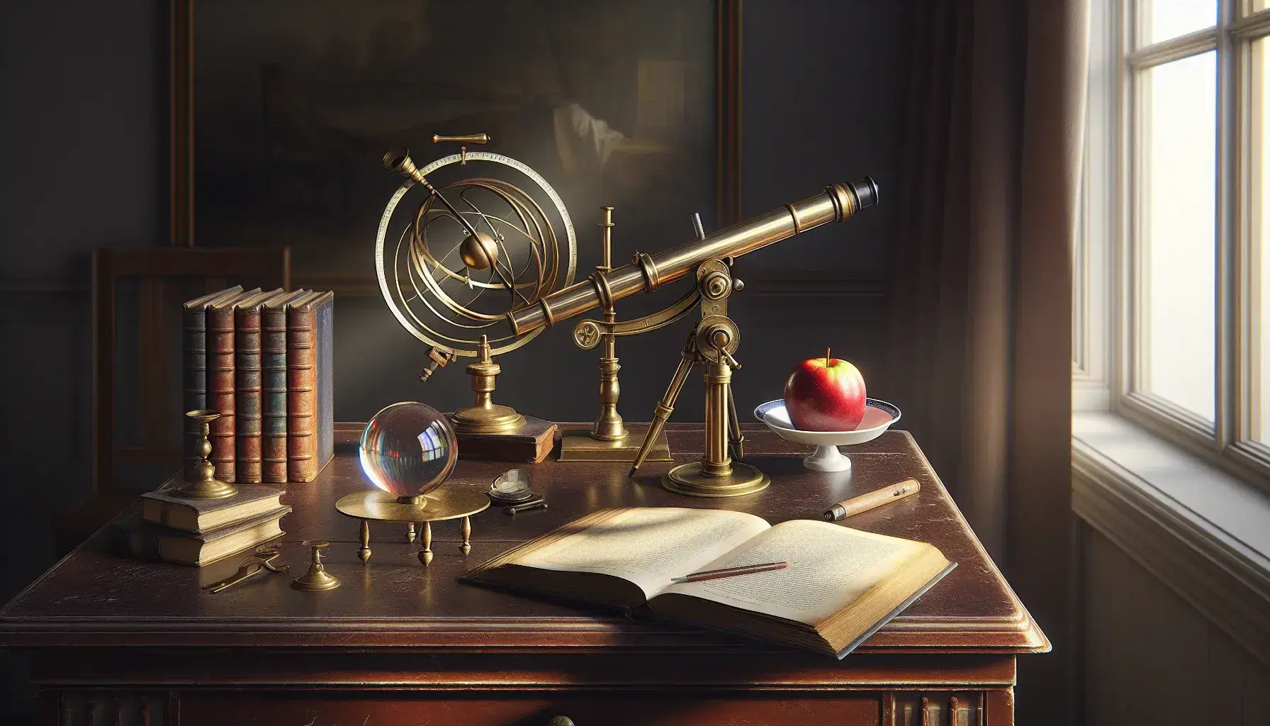 Escritorio antiguo de madera con telescopio de latón, esfera armilar, manzana roja en plato y prisma de cristal bajo luz natural.