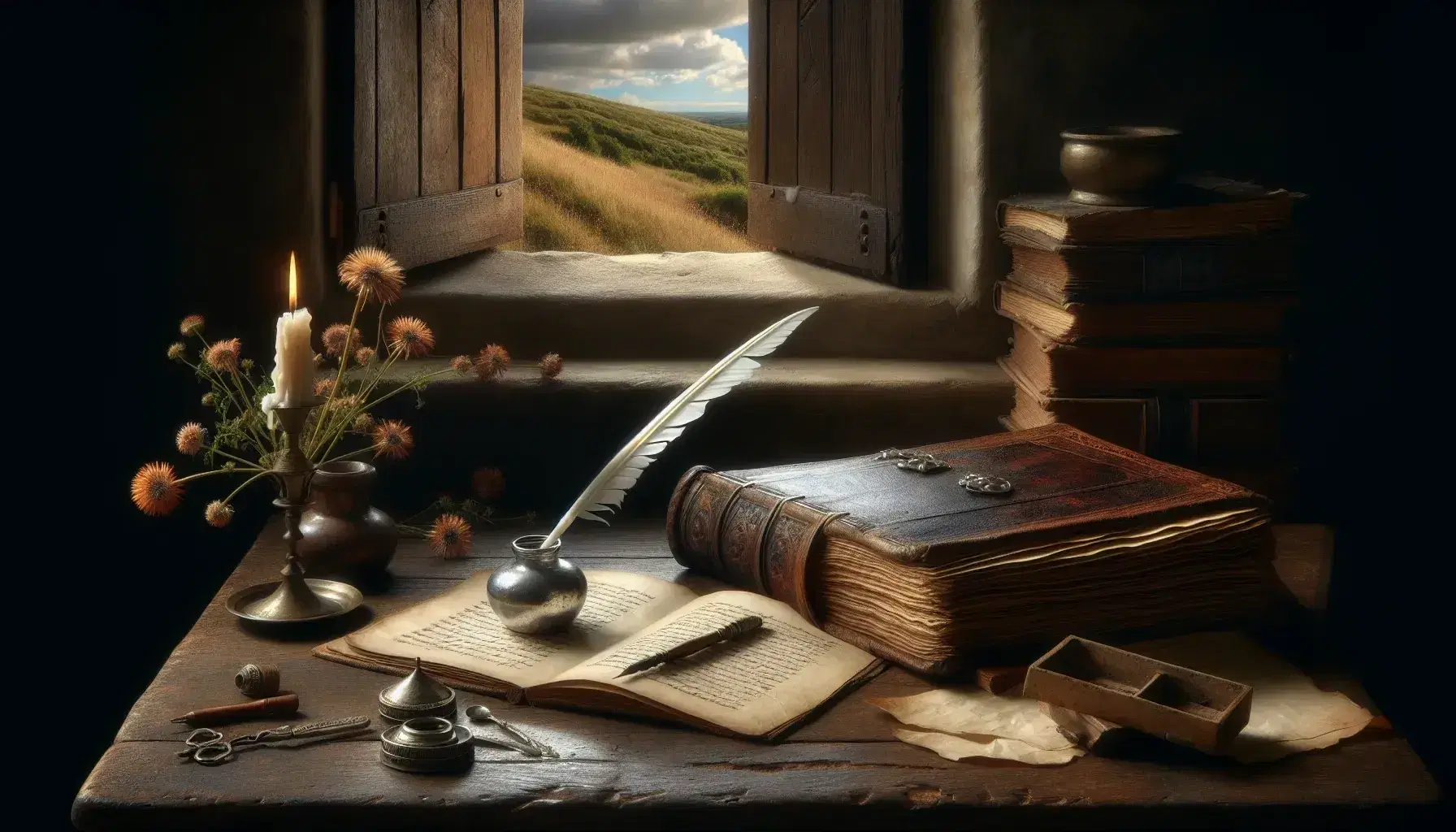 Scrivania antica in legno scuro con piuma bianca, calamaio argento, libro in pelle marrone, finestra sul paesaggio rurale e candela.