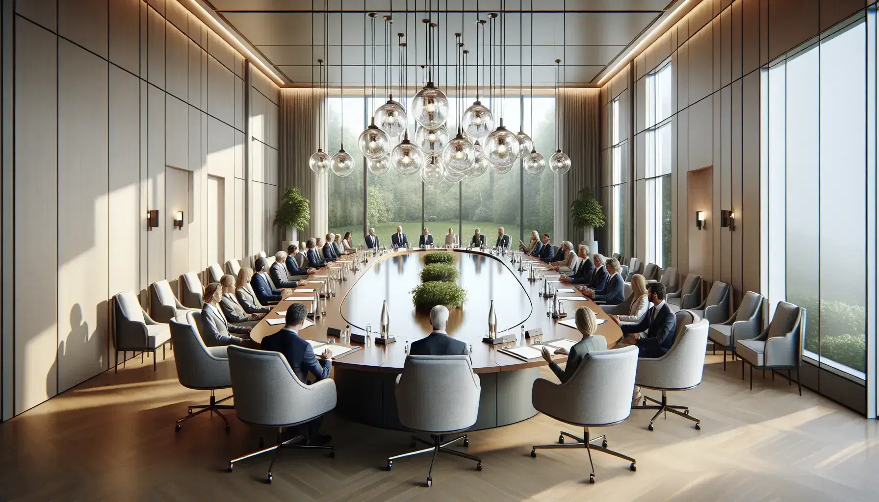 Sala riunioni luminosa con tavolo ovale, sedie grigie e partecipanti in abiti formali, finestra con vista giardino.