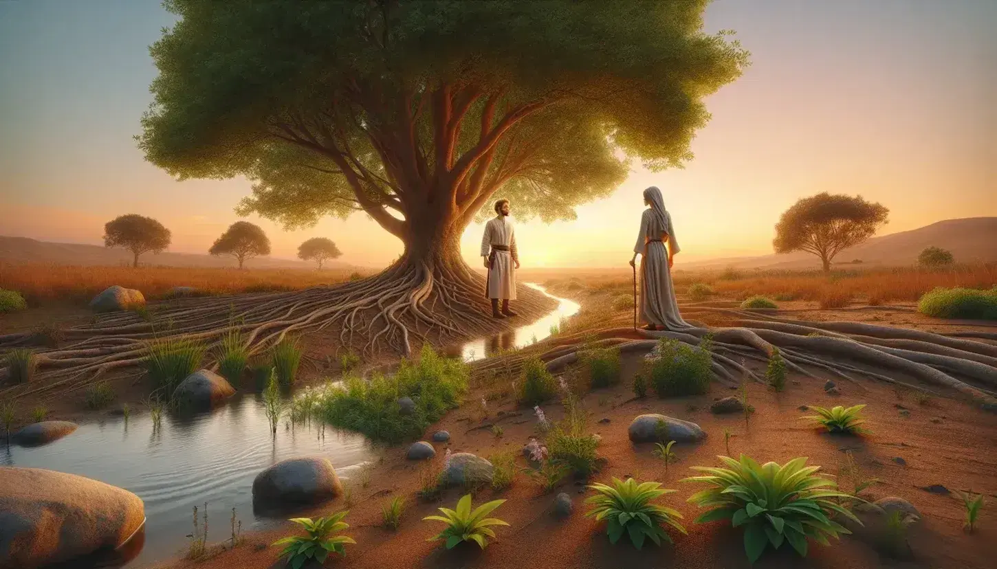 Puesta de sol con árbol frondoso y raíces visibles, pareja en túnicas contemplando la naturaleza, cielo anaranjado y arroyo reflejando la luz del atardecer.