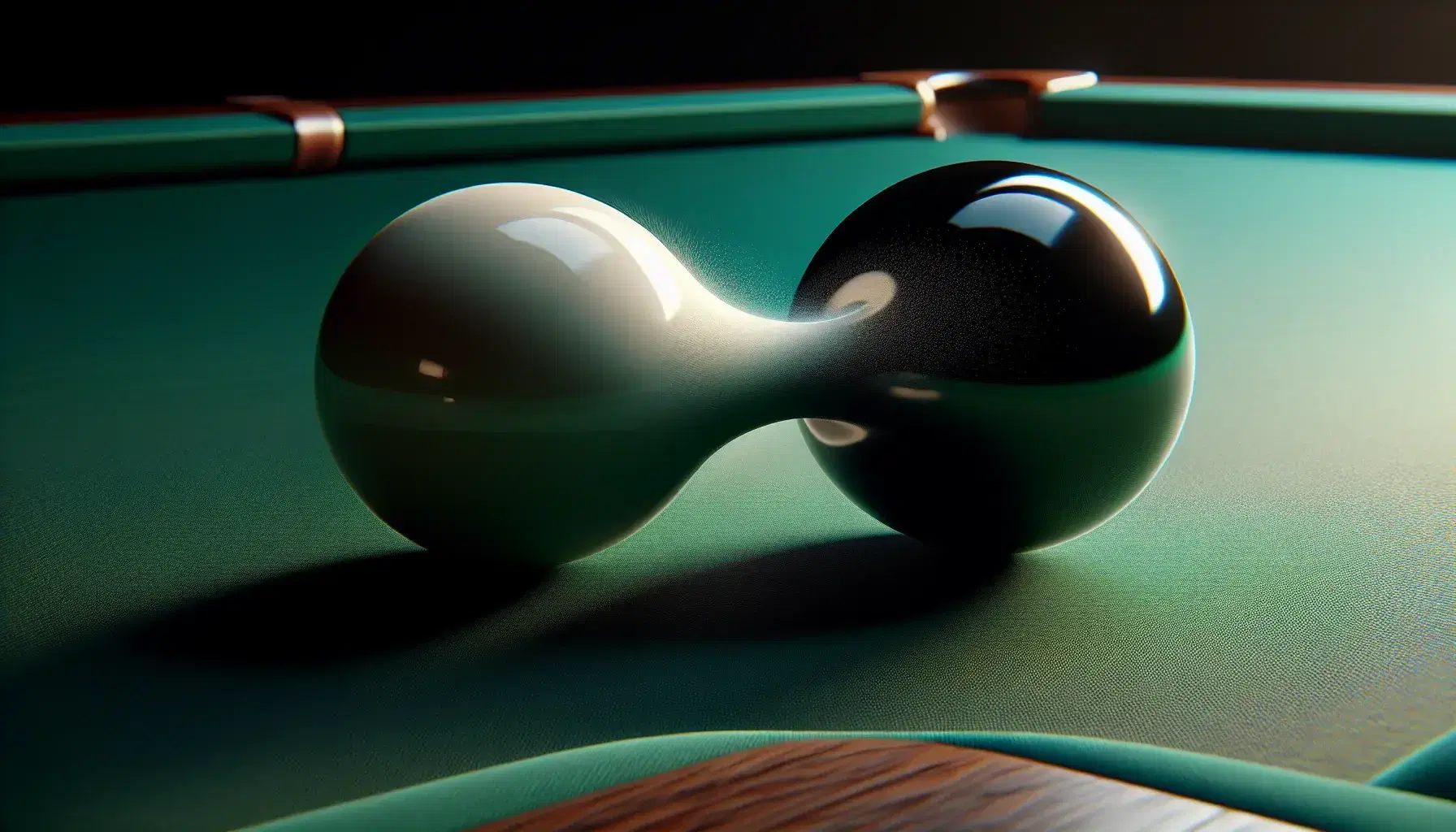 Two billiard balls, one white and one black, collide on a green felt table, with a visible energy transfer at the point of impact, under overhead lighting.