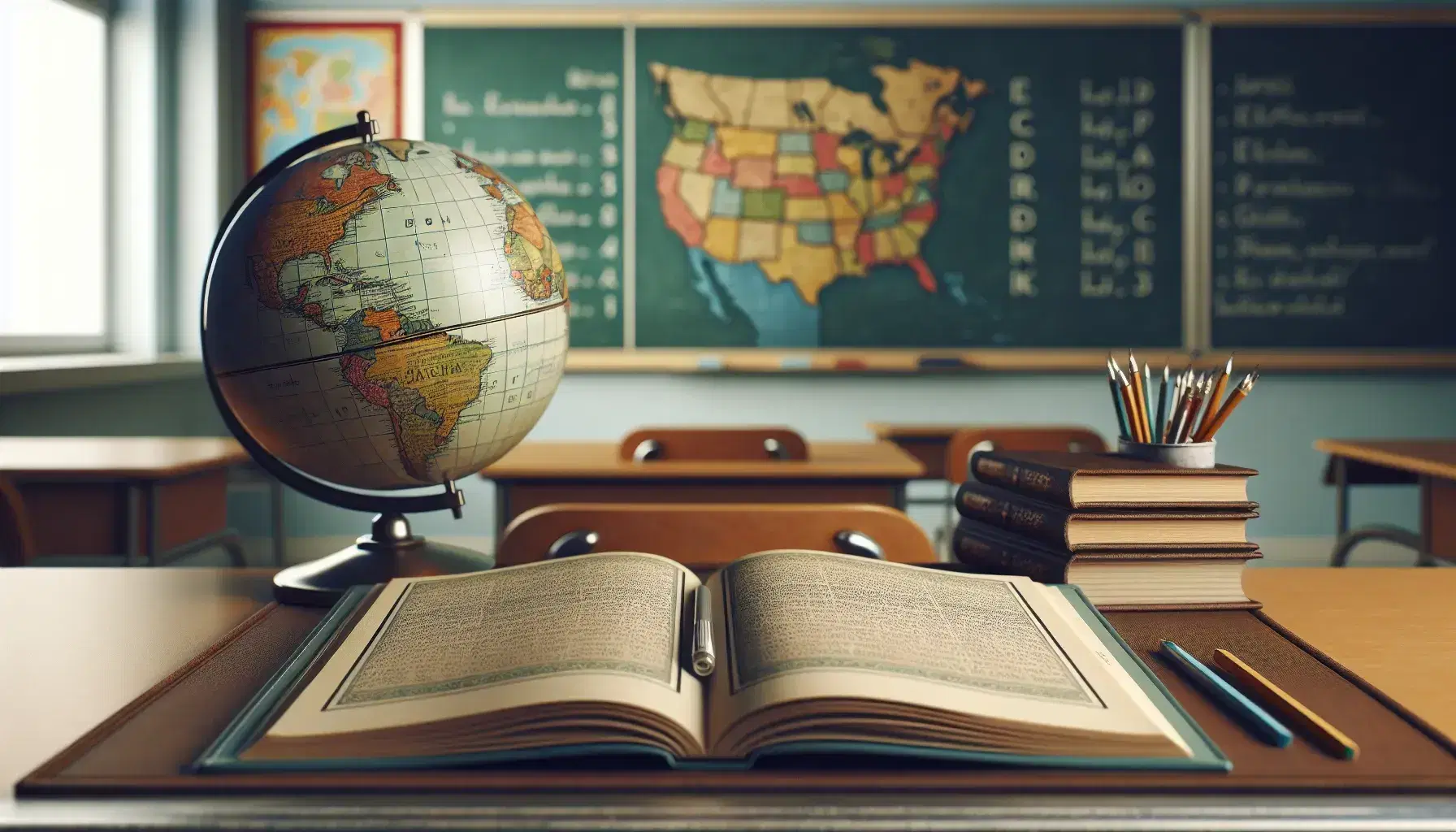 Classroom with teacher's desk displaying a globe centered on Europe, an open book with blurred text, and color-coded notebooks beside a potted plant.