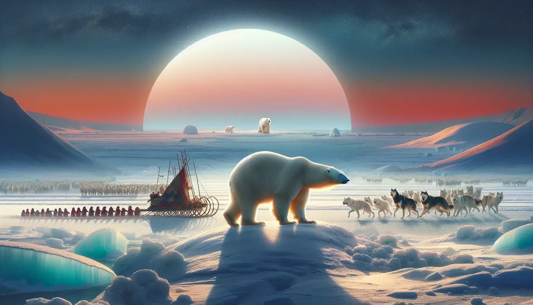 Arctic landscape with polar bear in the foreground, people on sled pulled by huskies and icebergs in the background under the midnight sun.