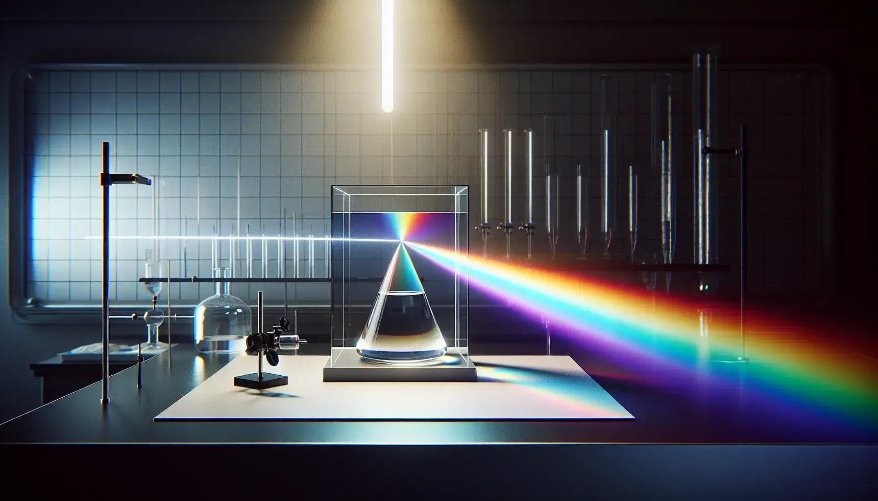 Laboratory setup with a prism dispersing white light into a color spectrum on a screen, hinting at light refraction studies.