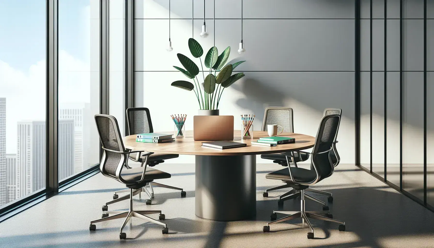 Modern office setting with a central circular wooden table, ergonomic chairs, laptop, assorted binders, pen holder, white mug, and a potted plant by large windows.