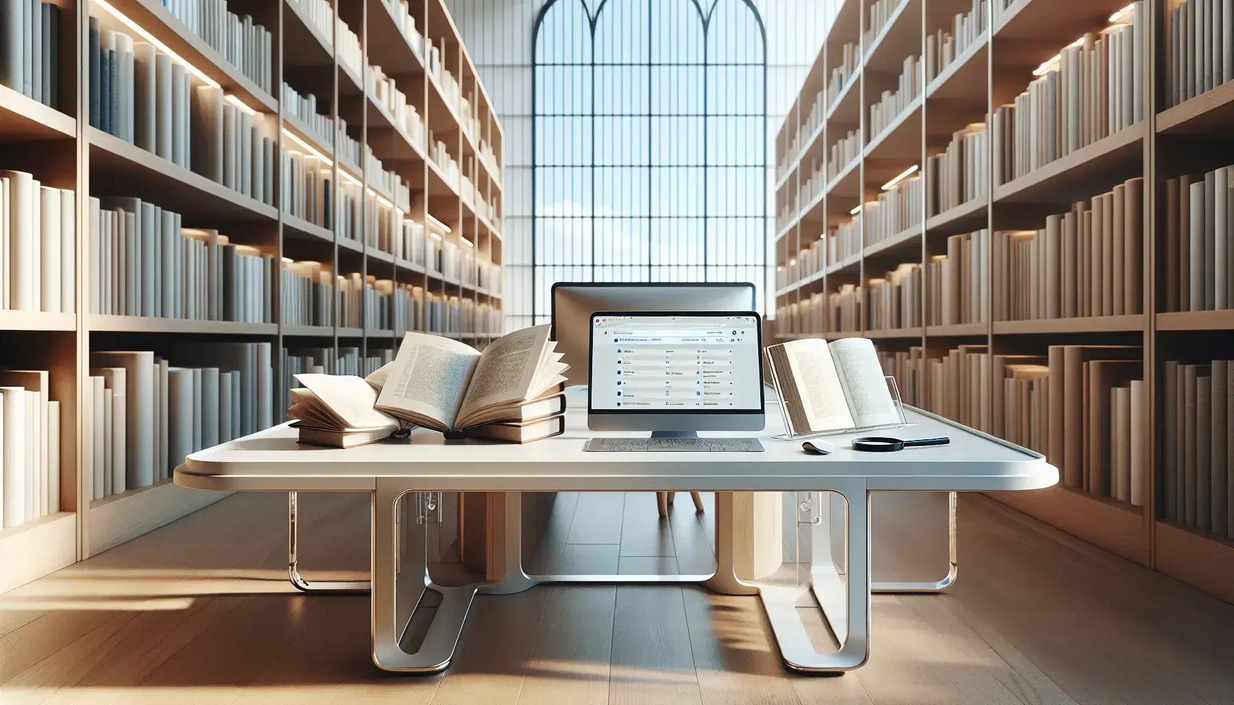 Biblioteca moderna y luminosa con estanterías de madera y mesa de estudio con libros abiertos, laptop y lupa, bañada por la luz natural de un gran ventanal.