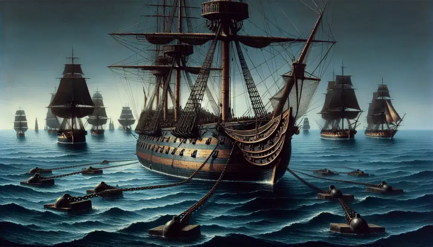 Civil War-era naval blockade with anchored wooden warships, cannons visible, forming a line across a calm blue sea at dawn or dusk, clear sky.