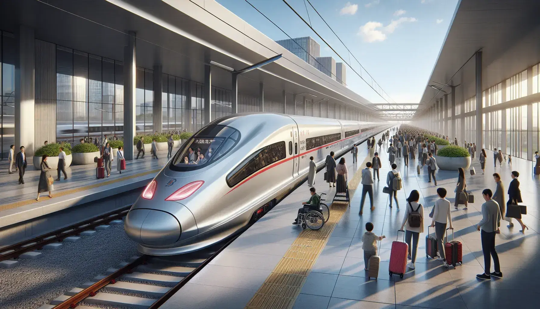 High-speed train in motion with passengers boarding, including wheelchair access, on a sunny day at a modern station with greenery.