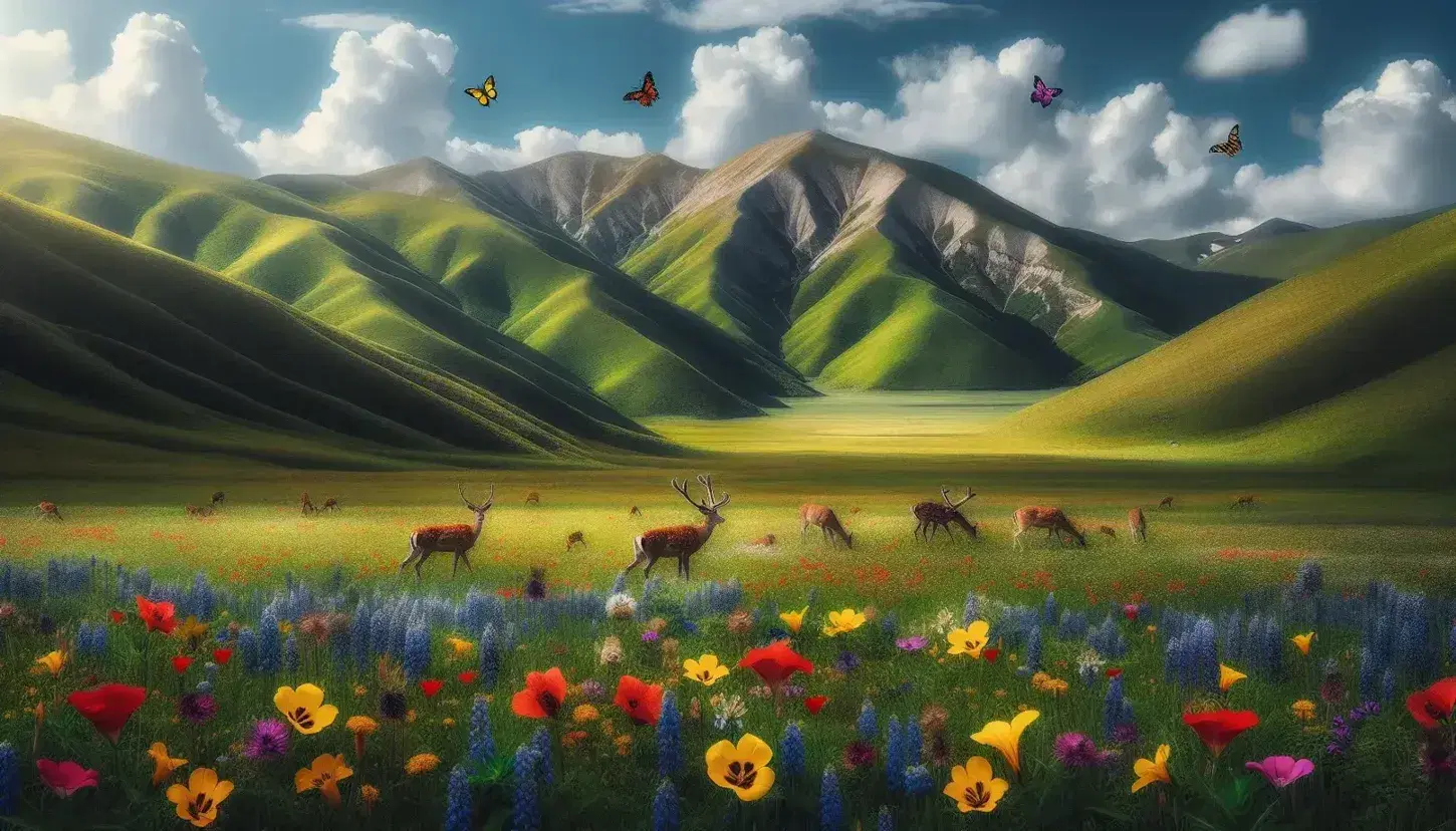 Paesaggio primaverile appenninico con montagne verdi, fiori selvatici colorati, farfalle e cervi al pascolo su prato verde.