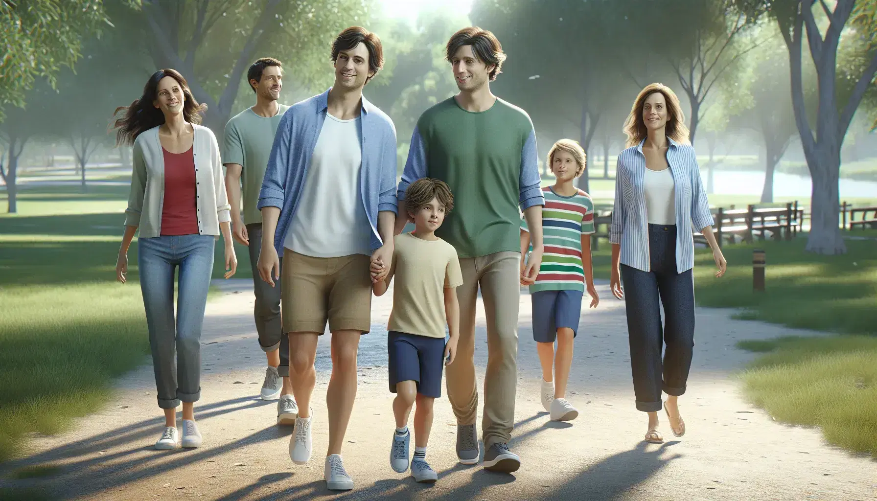 Familia de cinco paseando por un parque, con padres sonrientes al frente y tres niños detrás, rodeados de árboles y un camino de tierra.