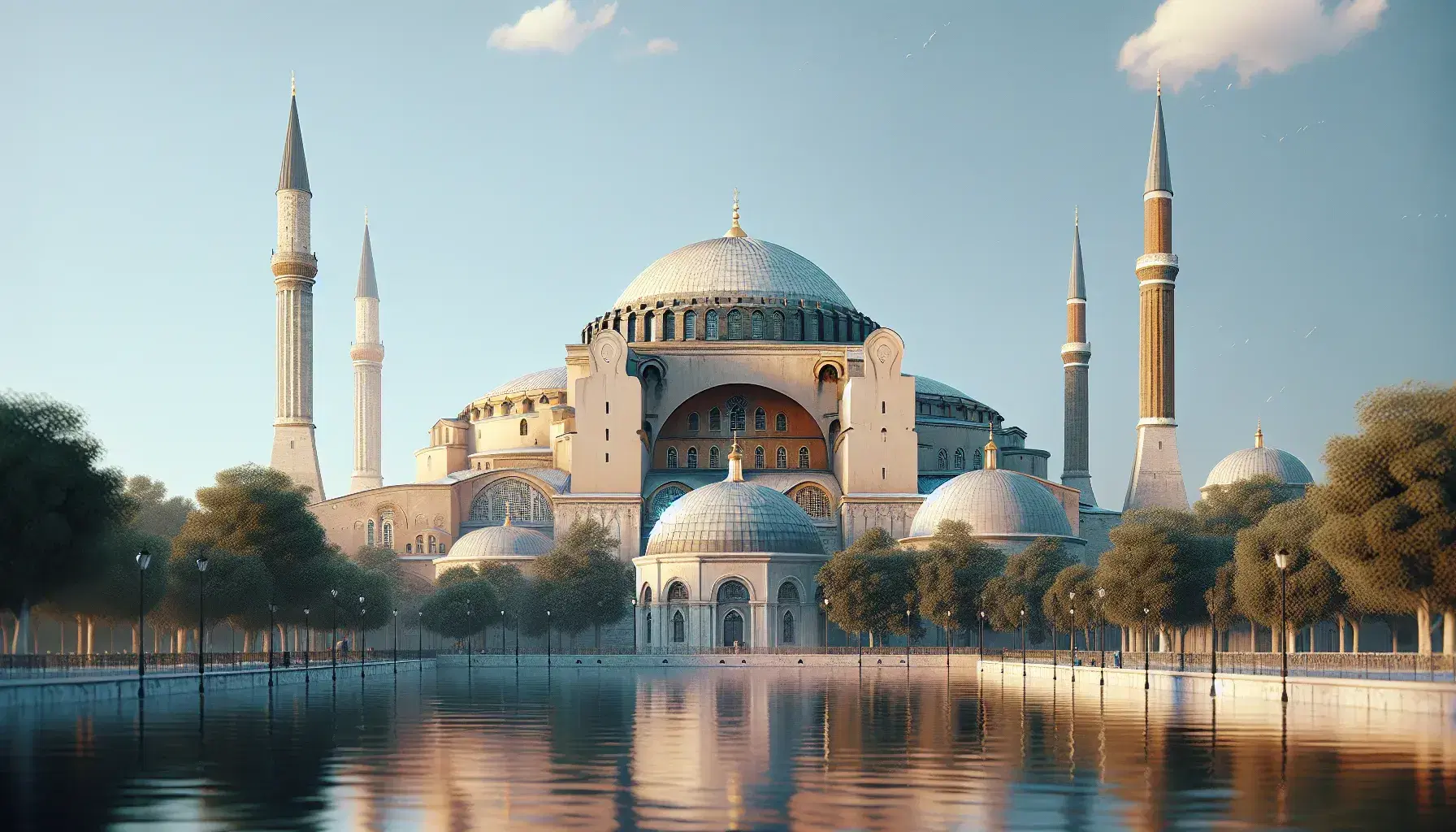 Vista frontal de la Hagia Sophia bajo cielo azul, con su gran cúpula central y minaretes blancos, rodeada de árboles verdes y reflejada en agua tranquila.