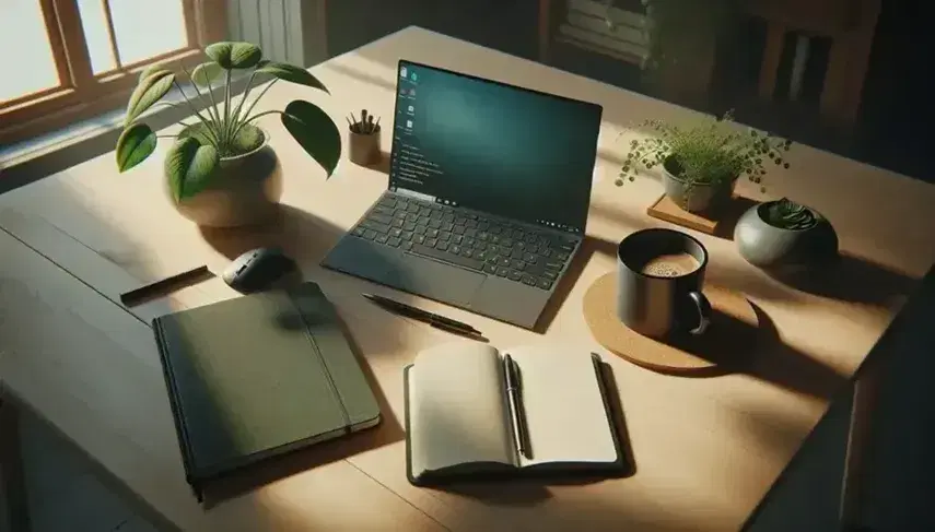 Espacio de trabajo minimalista con portátil abierto, ratón óptico, libreta verde y bolígrafo, planta en maceta y taza de café sobre mesa de madera iluminada naturalmente.