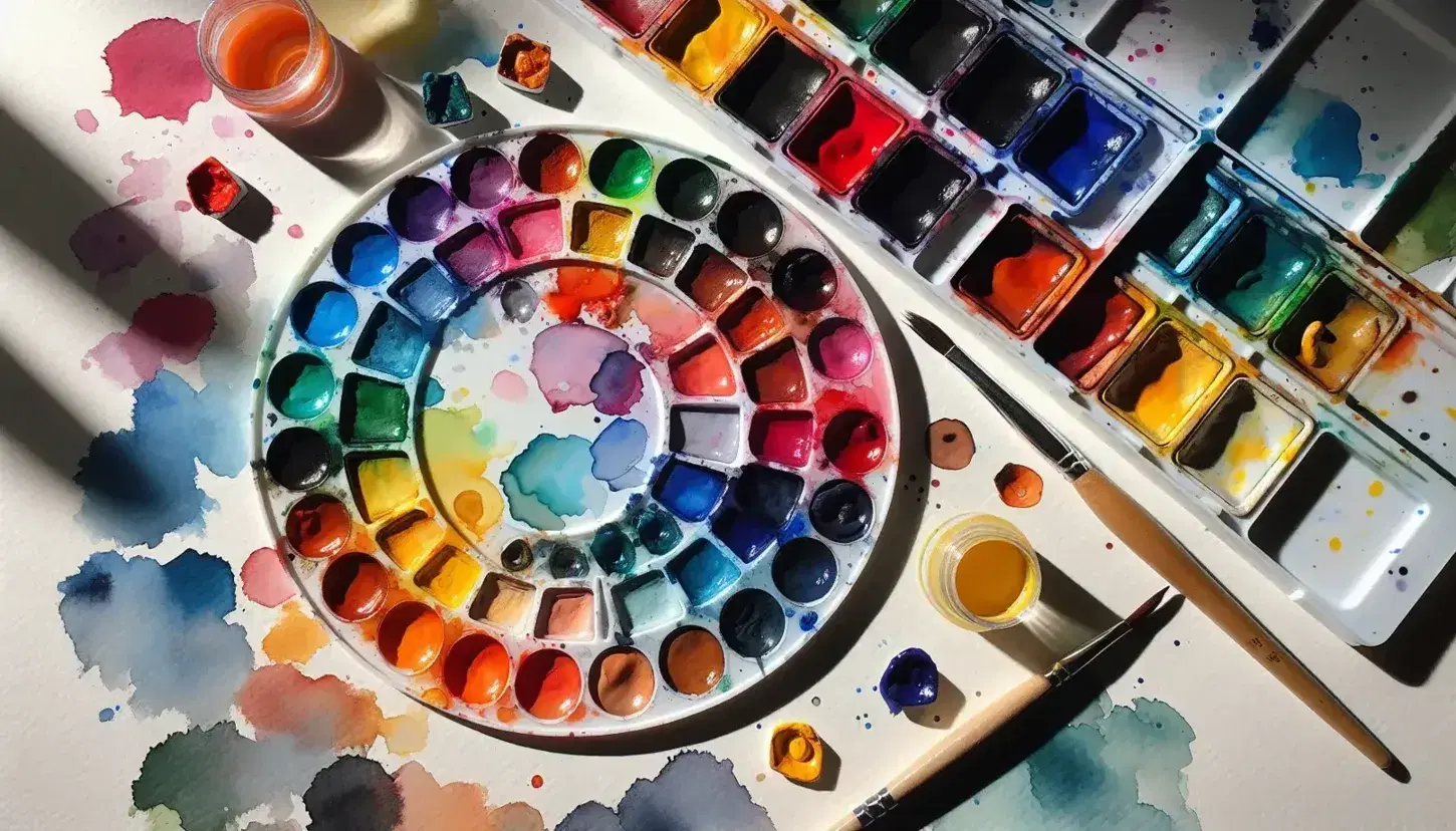 Watercolor paint palette with vivid cakes in a spectrum of Spanish color vocabulary hues, a wet brush, and a tinted glass of water on textured paper.