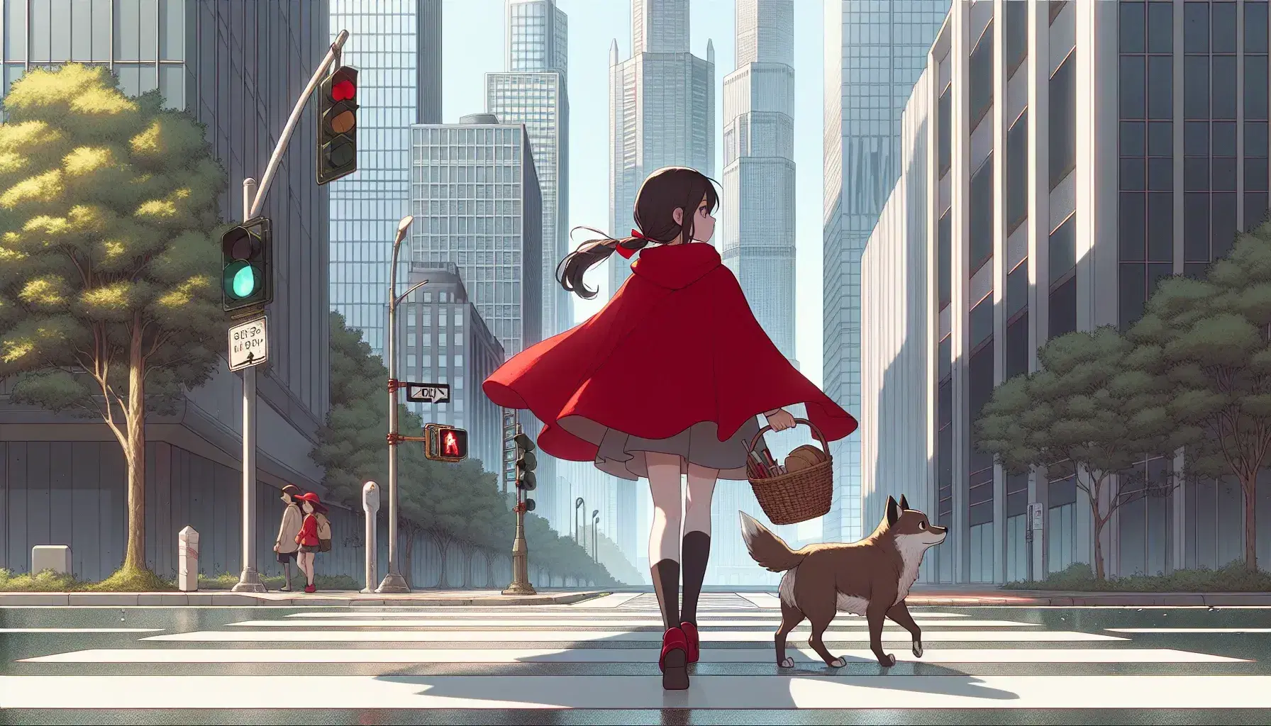 Niña con capa roja y cesta camina por calle urbana con perro, rascacielos de fondo y semáforo en verde.
