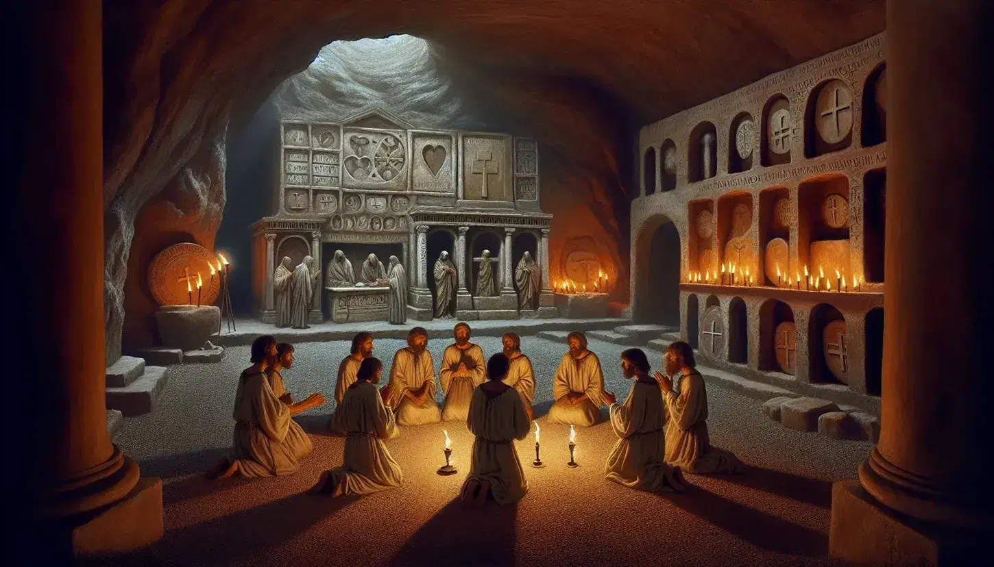 Gruppo di persone in tunica prega in catacomba romana antica illuminata da torce, con simboli cristiani primitivi e croce di legno.