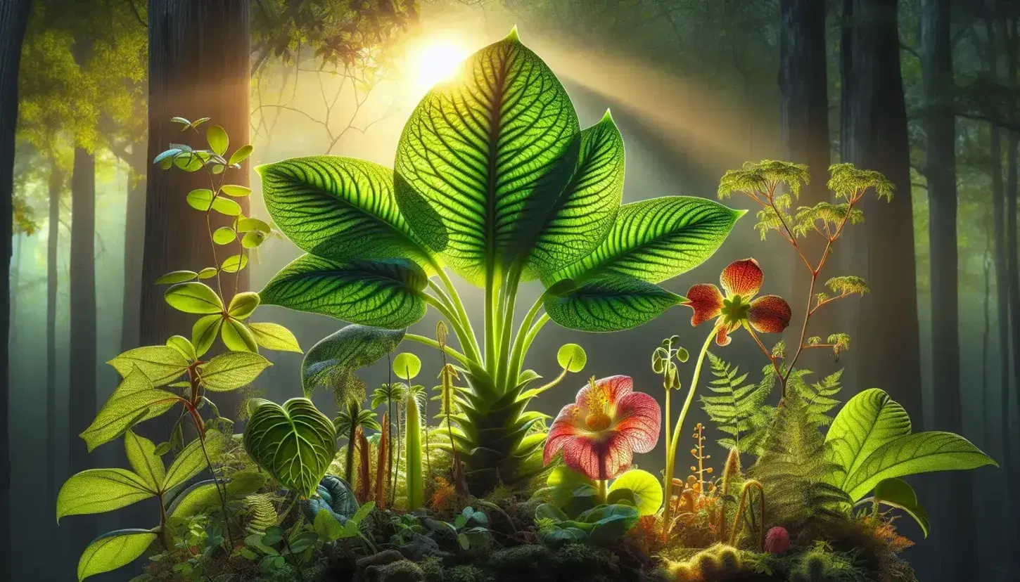 Planta verde robusta en proceso de fotosíntesis con hojas extendidas hacia la luz solar, acompañada de flor roja con centro amarillo y vegetación diversa en fondo natural.