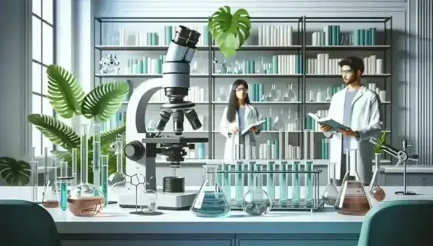 Modern laboratory with microscope, beakers with colored liquids, green plant, researchers in lab coats and scientific equipment.