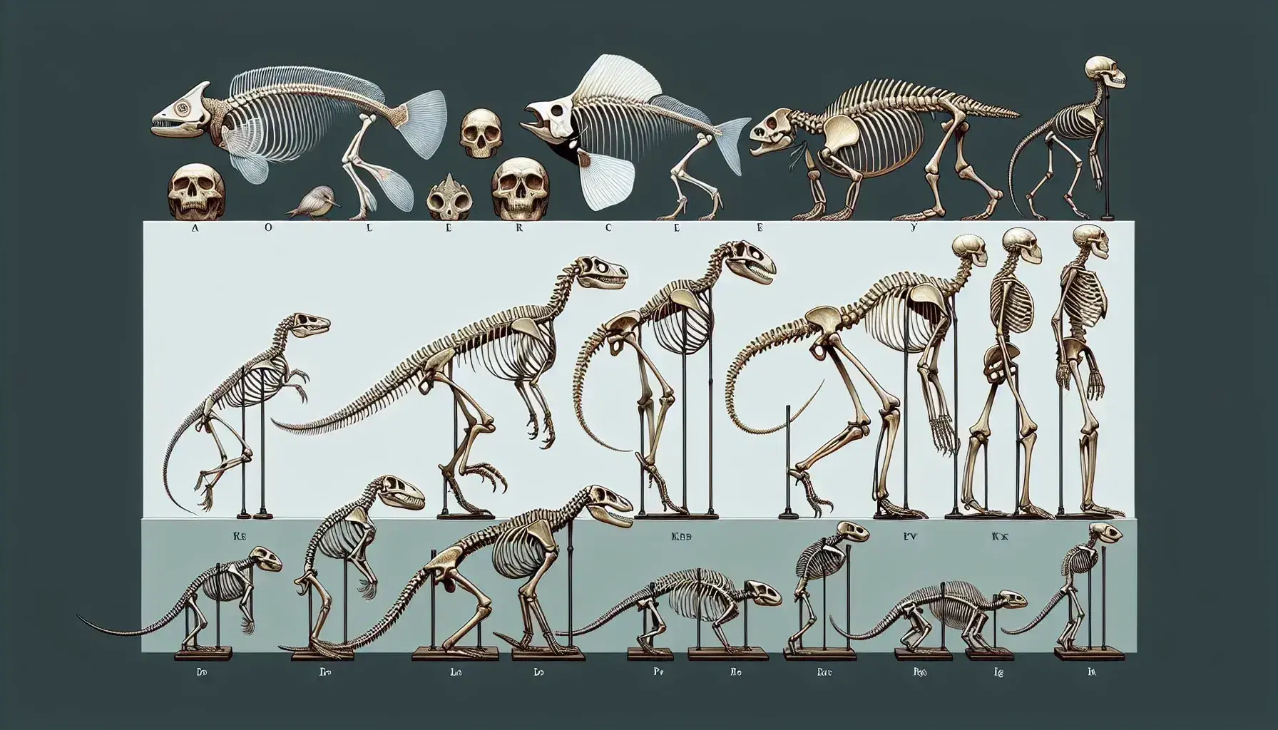 Secuencia evolutiva de esqueletos desde peces óseos hasta primates, mostrando adaptaciones anatómicas y progresión de complejidad.