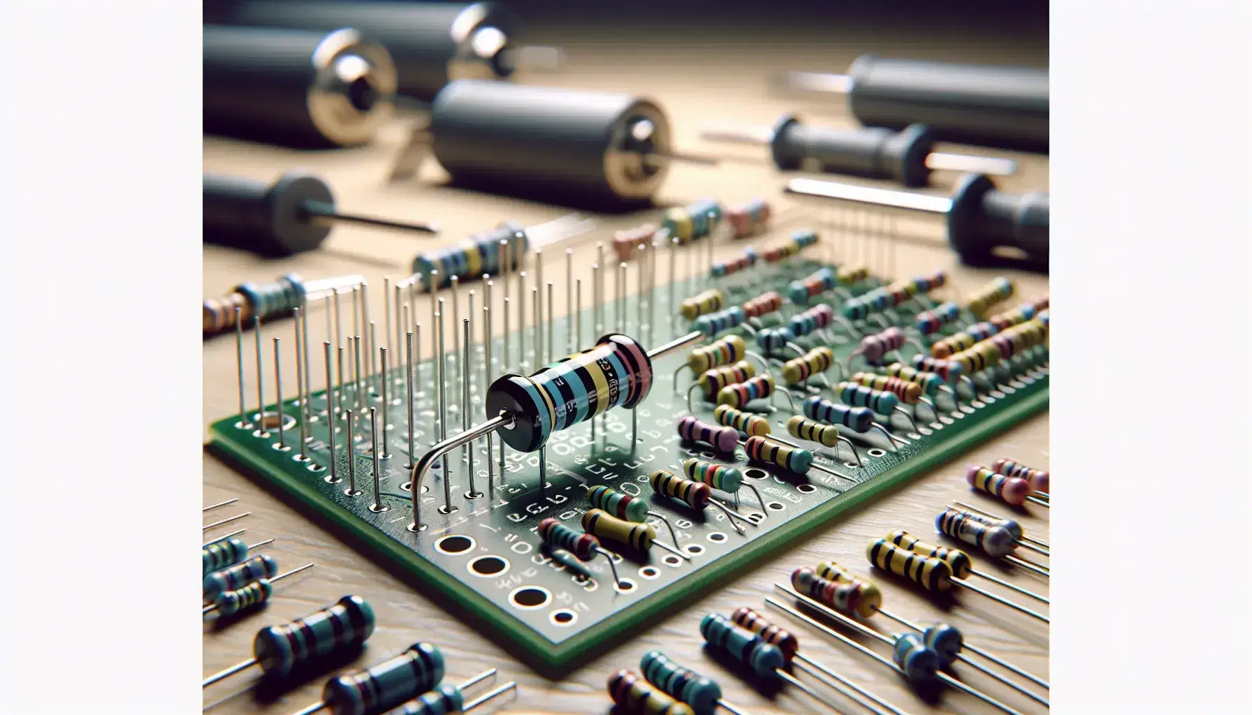 Resistencias eléctricas con bandas de colores sobre superficie de madera clara, junto a una placa de circuito impreso verde y herramientas de trabajo desenfocadas.