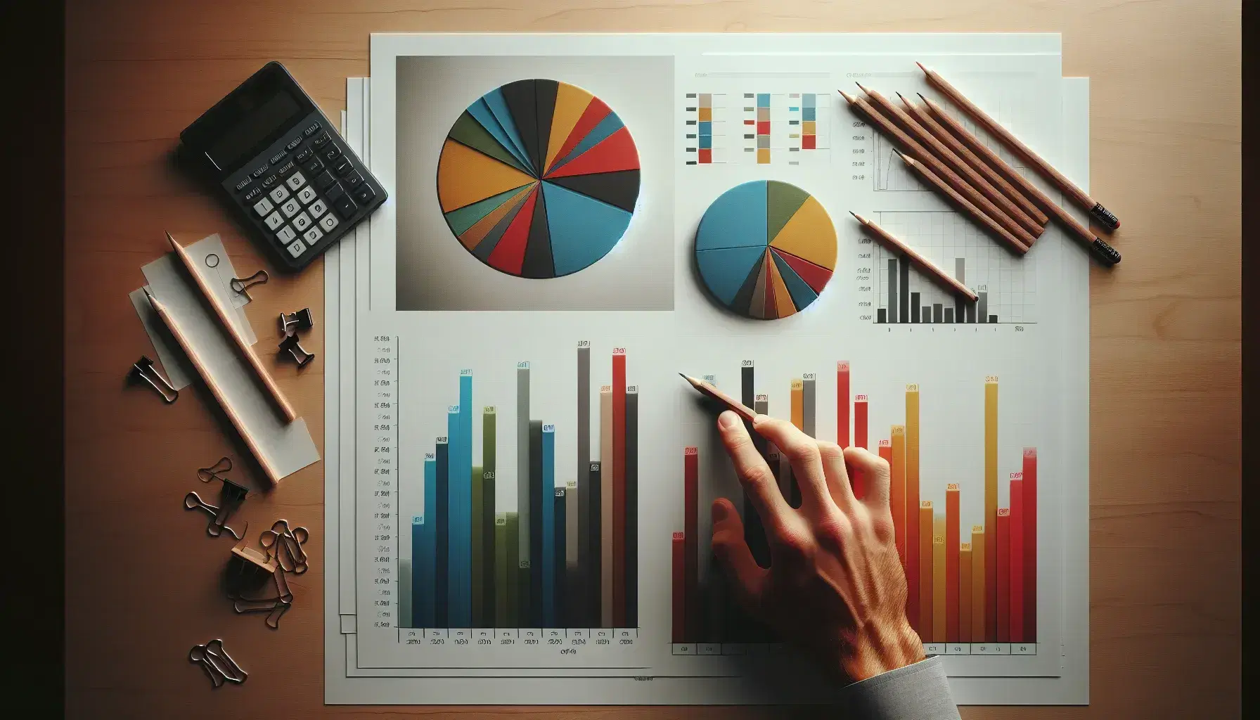 Gráficos de barras y sectores en colores sobre mesa de madera con calculadora gris y lápices, mano señalando dato específico, reloj y papeles al fondo.