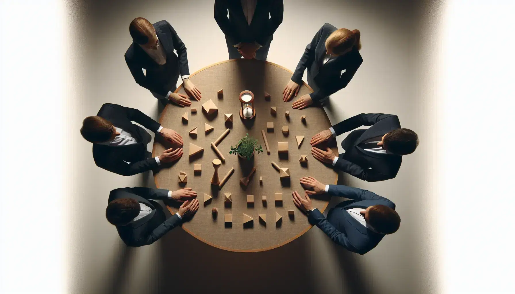 Grupo de profesionales en traje alrededor de una mesa redonda con un reloj de arena, una planta y bloques de madera, colaborando en una actividad de equipo.