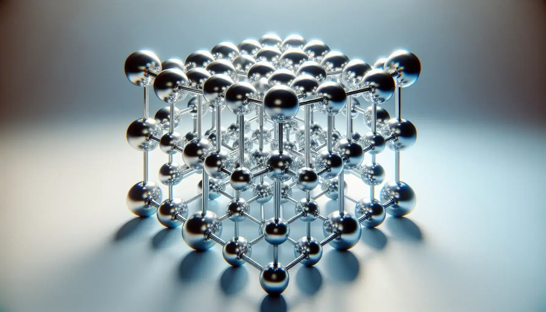 Three-dimensional metallic crystal lattice model with silver atoms connected by silver and gold rods on a gradient blue to white background.