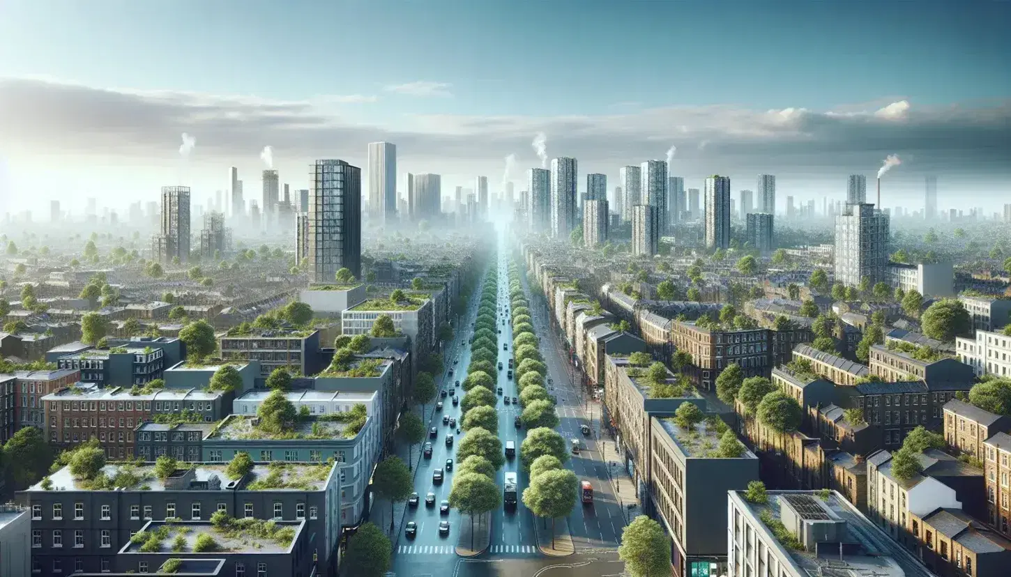 Veduta aerea di skyline urbano con edifici, alberi verdi, cielo azzurro sereno e fumo da ciminiera in lontananza.