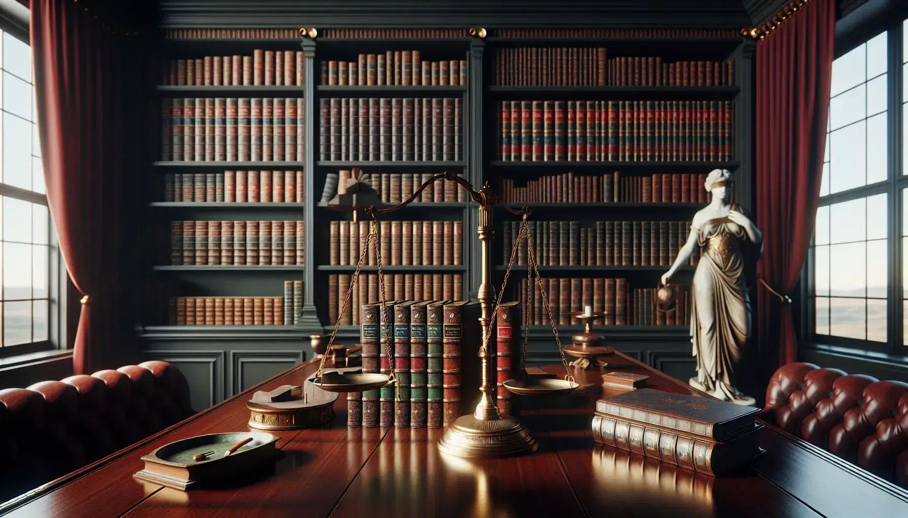 Biblioteca clásica con estanterías de madera oscura llenas de libros encuadernados en cuero, mesa pulida con balanza de bronce y escultura de Justicia, ventana con cortinas rojas.
