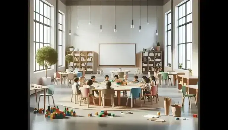 Aula luminosa con niños diversos alrededor de mesa redonda con bloques de construcción y lápices de colores, pizarra blanca y estantes con libros al fondo.