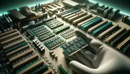 Componenti di memoria RAM e ROM su tavolo con guanto antistatico, sfondo di scheda madre sfocata, enfasi su precisione tecnologica.